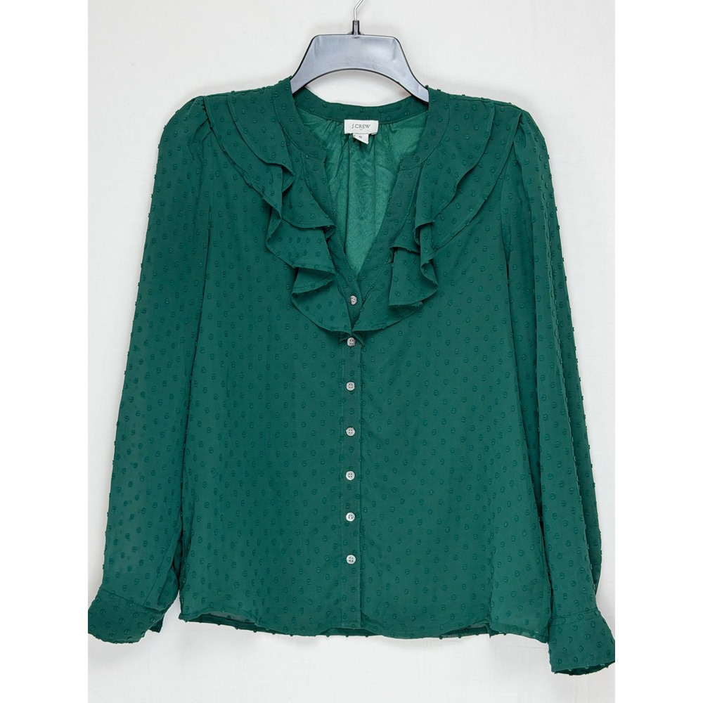 J.Crew Women Blouse S Green Clip Dot Ruffle V-Neck Button Front Long Sleeve